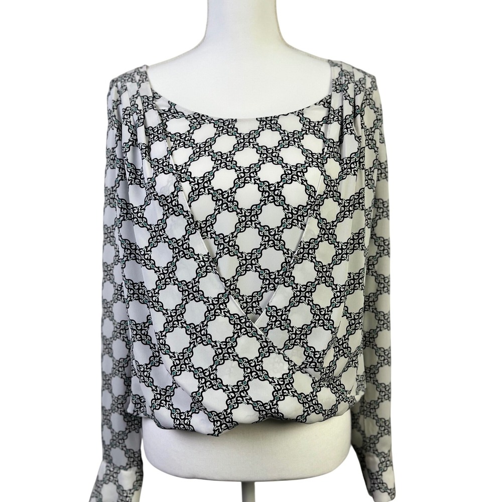 White House Black Market Blouse‎ Officecore Geometric Print Long Sleeve Top 4